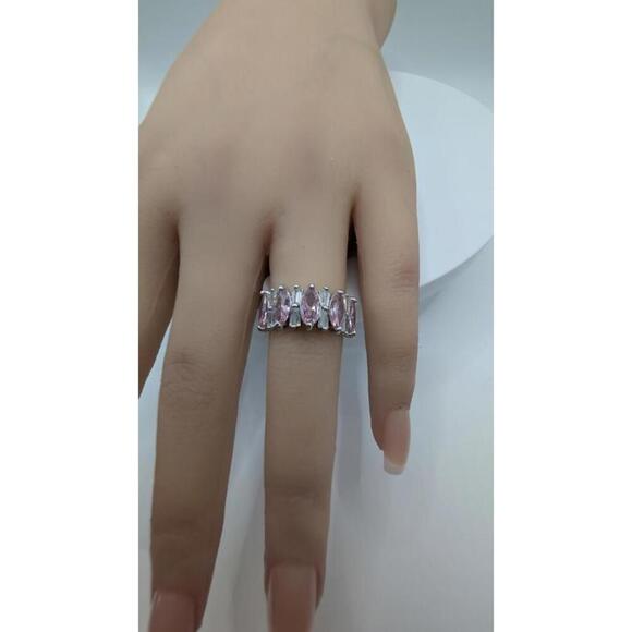 Silver Tone Ring with Pink Gemstones, Size 6 - Picture 8 of 8